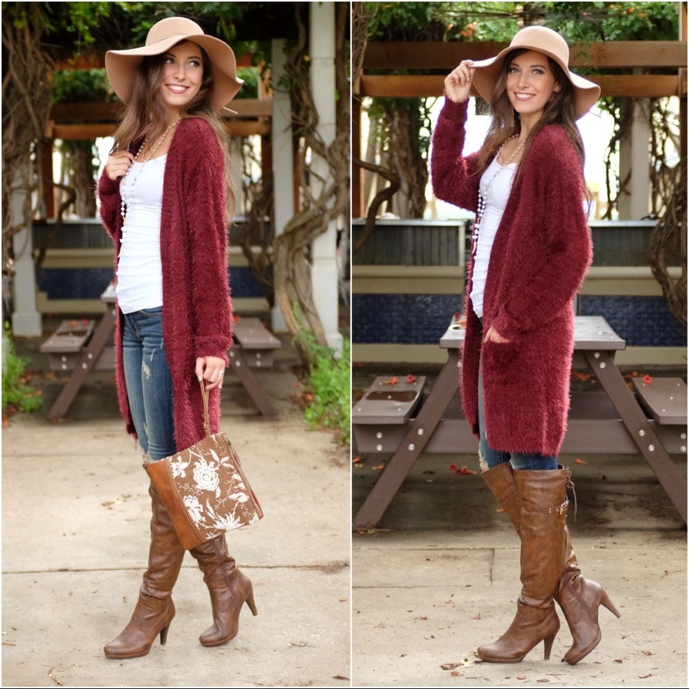 ✨RESTOCKED✨ Wine Fuzzy Open Front Cardigan - Picture 2 of 3
